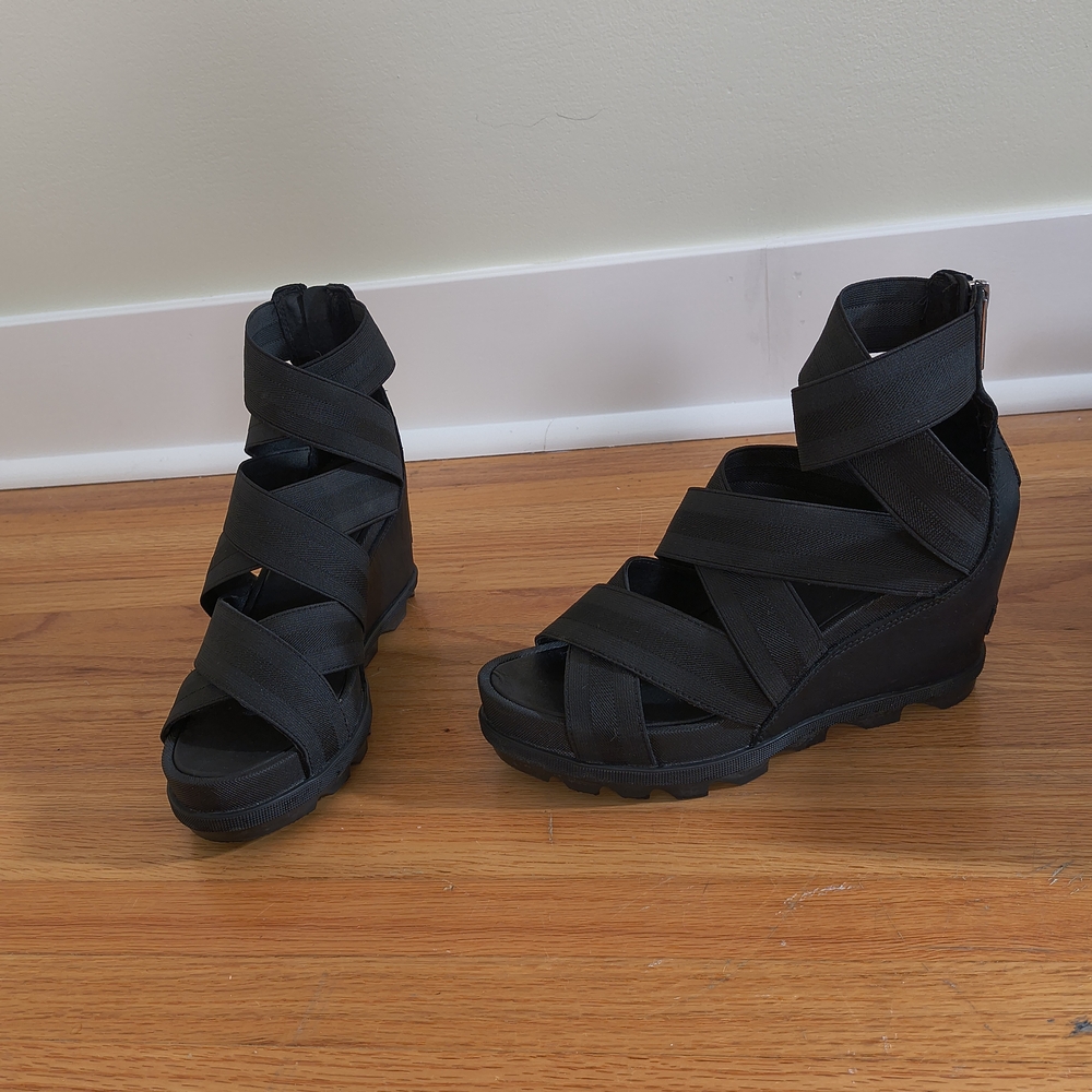 Sorel Black Strappy Wedge Sandals